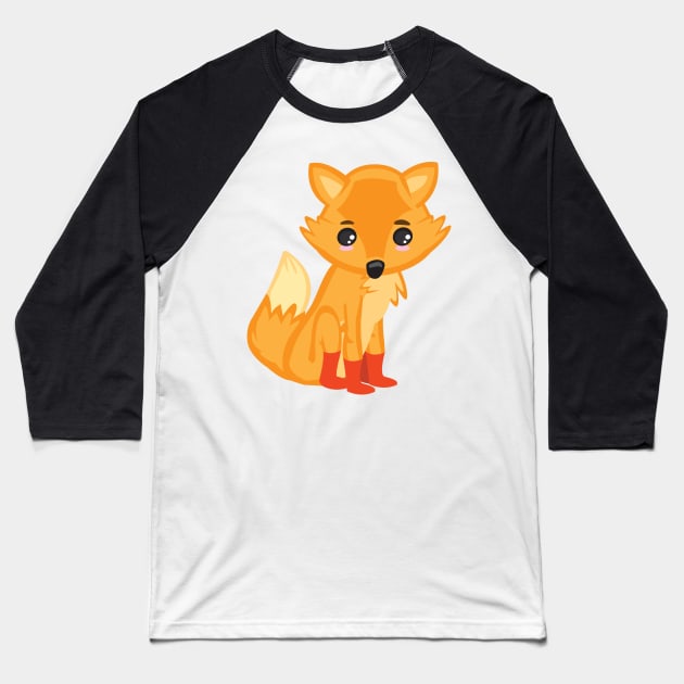 Cute Kawaii Orange Fox Kid Design Baseball T-Shirt by Uncle Fred Design